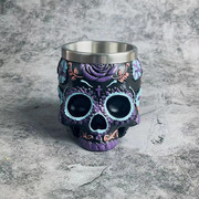 美式复古个性紫色骷髅烈酒杯创意万圣节鬼头树脂不锈钢酒吧酒杯