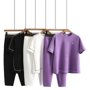 时尚套装夏季明线设计短袖t恤哈伦九分裤休闲运动大码两件套