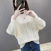 短款薄毛衣女新款2025网衫V领罩衫宽松蝙蝠衫早春镂空针织衫女