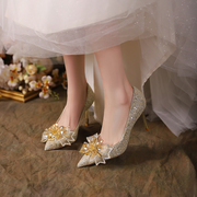 婚鞋女金色高跟鞋细跟婚纱照水钻花朵礼服伴娘水晶新娘鞋宴会单鞋