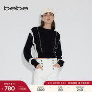 bebe2023春夏系列女士短款链条，羊毛撞色长袖针织上衣130507