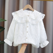 女童白色娃娃领衬衫，春秋2024儿童洋气，上衣中大童秋季蕾丝衬衣