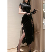 复古新中式改良收腰丝绒，旗袍开叉性感气质，修身连衣裙黑色气质长裙