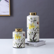 潮州陶瓷新中式轻奢直筒，富贵花卉袋盖陶瓷花瓶，装饰罐摆件