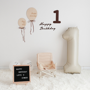 复古韩式宝宝百天一周岁生日布置背景墙奶油色系数字气球装饰ins