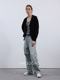 thesoong“斐”气裤纯棉，水洗磨白直筒浅色，牛仔裤女高腰显瘦长裤