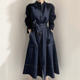 韩国chic极简主义优雅立领明线，单排扣宽松绑带风衣式连衣裙长裙
