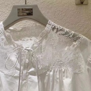 圆领中袖系带拼接蕾丝设计白色短款上衣2023年夏季女装