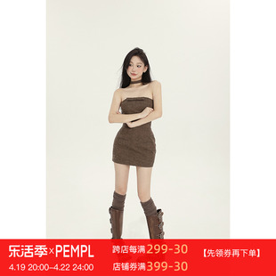 PEMPL 抹胸连衣裙女夏季复古皮质立体蝴蝶结收腰修身包臀短裙