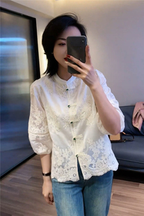 新中式国风衬衫女短袖2024春夏，高级感气质刺绣法式小衫上衣
