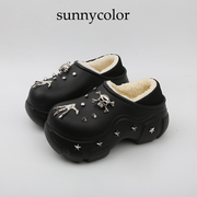 sunnycolor铆钉骷髅头朋克风增高跟，棉拖鞋女冬季外穿厚底棉鞋辣妹