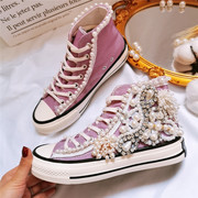 秋季港味时尚紫色帆布鞋，原创设计串珠流苏，甜美风平底绑带板鞋