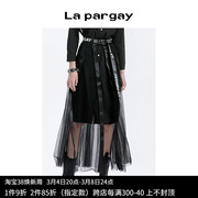 Lapargay纳帕佳2023女装黑色裙子个性时尚拼接网纱长款半身裙