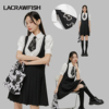 lacrawfish学院风珍珠花朵领带，全棉短袖衬衫背带，小黑裙连衣裙套装