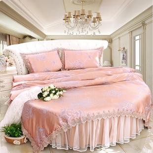圆床四件套主题酒店圆形床4件套驼色公主蕾丝提花床上用品