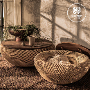 进口手工藤编织茶几桌客厅家用老柚木实木桌面圆形北欧小户型茶桌