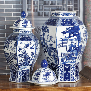 景德镇陶瓷器仿古中式将军罐，花瓶客厅玄关电视柜复古青花瓷器摆件