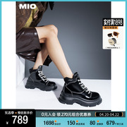 mio米奥2023冬季纯色，高跟厚底靴子时髦酷飒系带机能马丁靴女靴