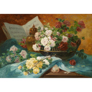 欧式餐厅花卉装饰画静物玫瑰花瓶，和乐谱手工油画音乐复制品植物