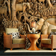 东南亚酒店民宿餐厅前台，装饰壁画浮雕大象泰式客厅沙发背景墙壁纸