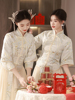 中式伴娘礼服女2024长袖复古中国风香槟色表演裙平时可穿夏季