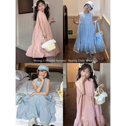 韩国夏装女童法式森系纯棉无袖，连衣裙儿童粉色，宽松背心娃娃裙子