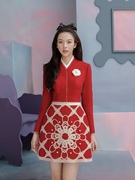 越南小众设计师红色，小香风裙子敬酒服拼接撞色重工长袖连衣裙