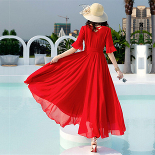 高货速发2024夏季沙滩长裙，红色雪纺连衣裙，女长款大摆显瘦超长