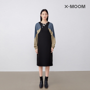 商场同款x--moom秋季撞色拼接中长款蝙蝠袖，圆领宽松连衣裙女