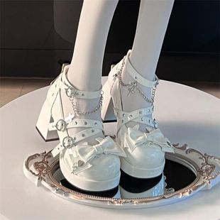 萝莉塔女童高跟鞋白色小单鞋Lolita甜美防水台蝴蝶结公主鞋洛丽塔