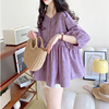 紫色娃娃衫上衣女2024年夏季韩版圆领，套头甜美灯笼袖碎花衬衫
