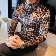 豹纹卫衣c男冬季男士个性金丝绒，长袖内搭衣，半高领潮流紧身t恤
