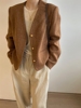 韩国秋季金色纽扣v领羊毛短外套女气质小香风驼色长袖开衫潮