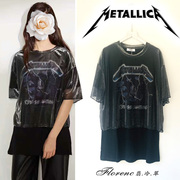 Metallic专辑字母印花黑色银葱纱+棉双层圆领宽松型短袖摇滚T恤