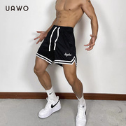 uawo夏季织带刺绣短裤，男士美式宽松运动健身休闲篮球跑步训练裤子