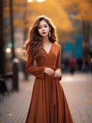 秋冬装独特高级感穿搭小个子橘色，气质收腰长袖连衣裙子女装超好看