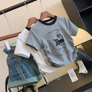 品牌夏款女童装甜酷拼色猫咪字母印花抽绳设计感短袖圆领T恤上衣