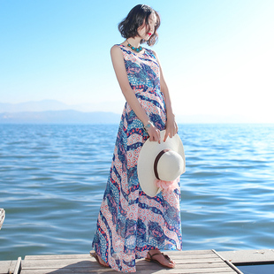 2023夏季女装系带显瘦无袖雪纺连衣裙波西米亚，长裙超仙沙滩裙