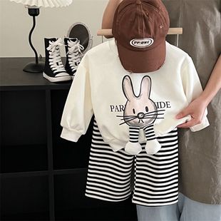 儿童卡通兔子休闲套装，2024春秋季韩版女童卫衣条纹裤两件套潮