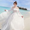 马尔代夫度假裙海边超仙沙滩裙，2024长裙雪纺，一字肩白色连衣裙