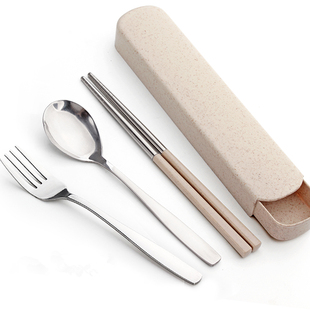 单人装不锈钢便携式餐具套装筷子，三件套叉子勺子筷子盒学生收纳盒
