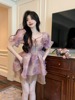 高级感法式泡泡袖连衣裙夏2024紫色扎染裙子高腰显瘦气质短裙