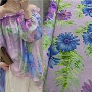夏季高定淡紫底植物花卉，印花真丝乔其纱布料，仙气大摆连衣裙桑蚕丝