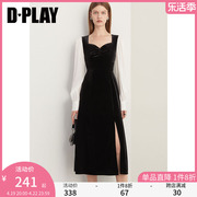 DPLAY法式宫廷领黑色鎏光纱小黑裙礼服丝绒长袖连衣裙裙子女