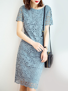 蕾丝连衣裙女夏季法式复古优雅镂空包臀裙气质宽松圆领短袖直筒裙