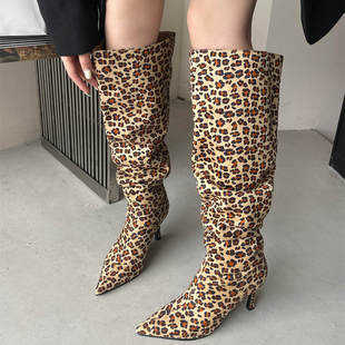 欧美时尚豹纹高跟过膝长筒靴子，2023秋冬款尖头细跟高筒长靴瘦瘦靴