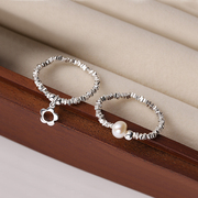 s925纯银珍珠碎银子花朵戒指，女韩国小众，设计食指戒时尚气质可调节