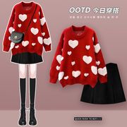 女装2023秋冬季搭配小香风新年红色针织毛衣半身裙两件套装女