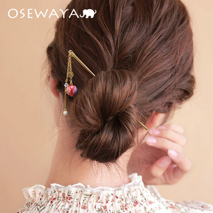 OSEWAYA发簪日式传统和风球珍珠流苏吊坠金属钗子中式簪子发饰品