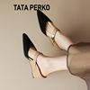 tataperko联名小香风真皮铆钉，尖头坡跟单鞋，女半拖包头高跟凉拖鞋